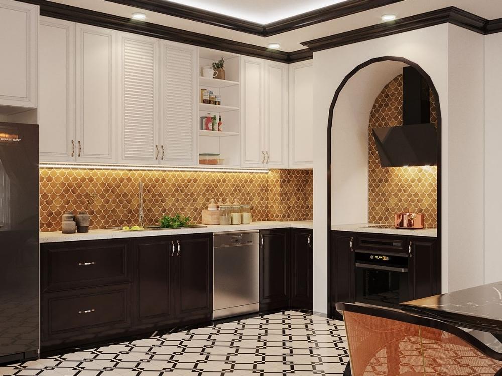 Sự tương phản giữa nâu gỗ đậm và trắng kem mang lại không gian ấm cúng, sang trọng và đầy bản sắc