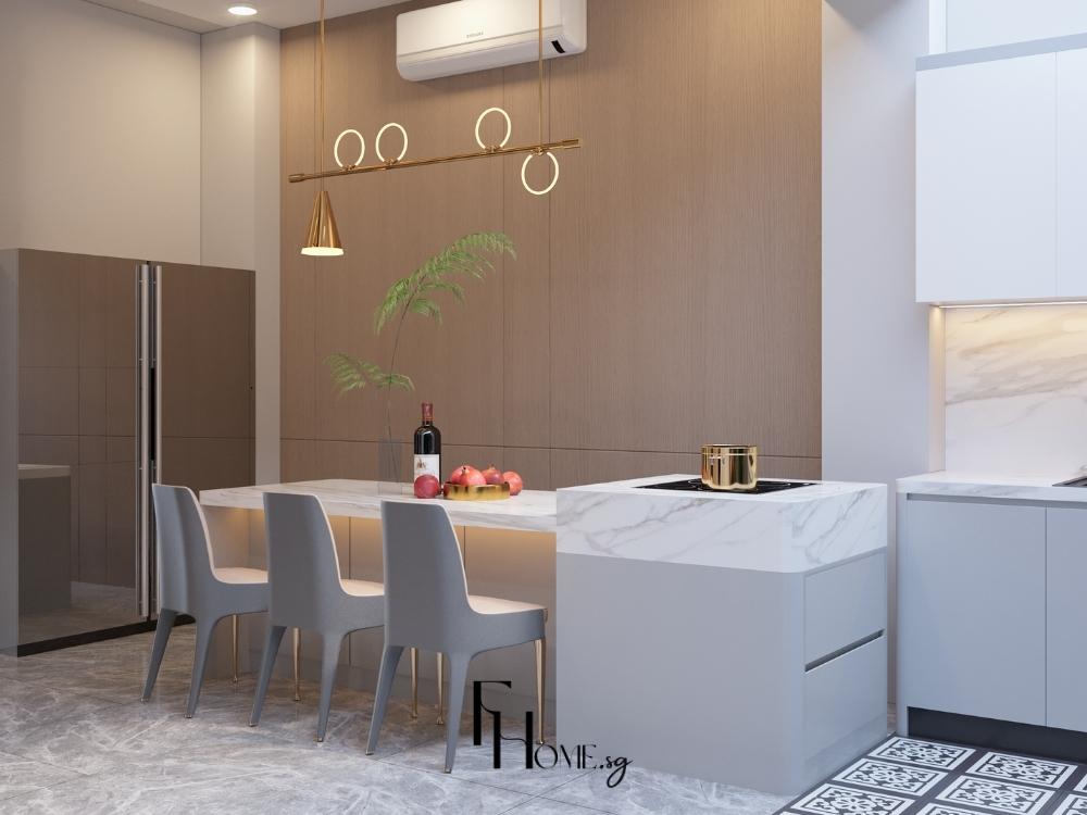 Thiết kế bếp biệt thự với trần cao và ánh sáng tự nhiên giúp không gian trở nên thoáng đãng và tinh tế hơn