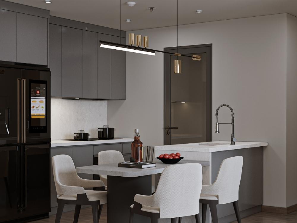 Thiết kế bếp chung cư phong cách tối giản với đường nét gọn gàng, tông màu sáng tạo cảm giác rộng rãi