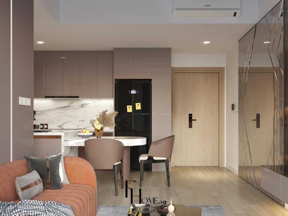 Thiết kế bếp liền phòng khách tạo không gian mở, kết nối liền mạch giữa các khu vực sinh hoạt