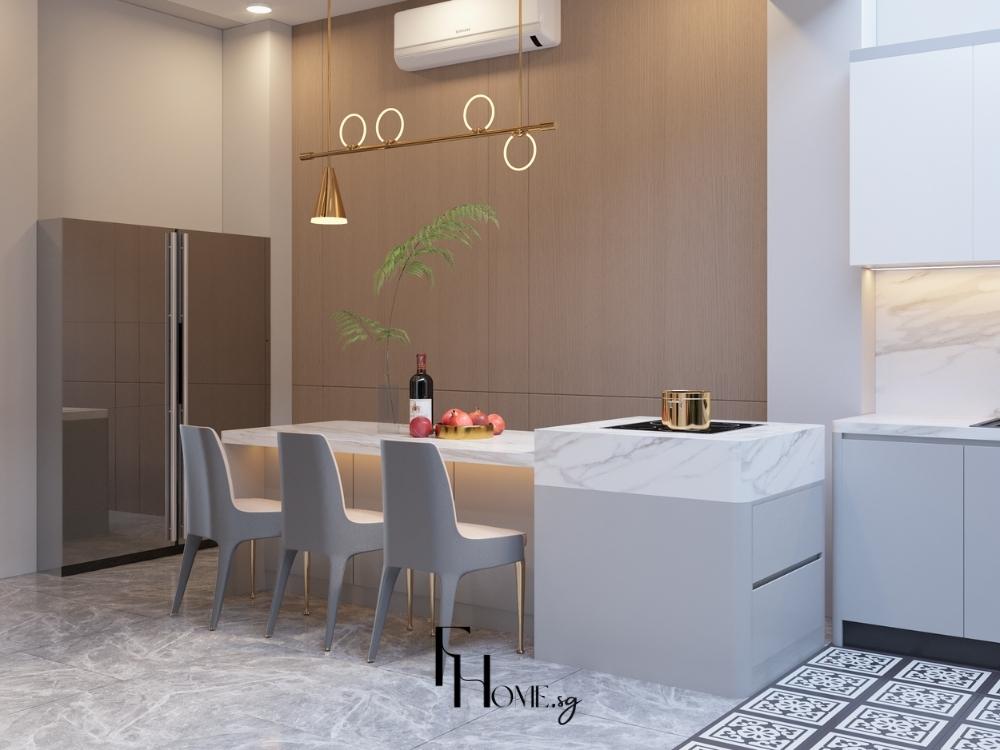 Thiết kế bếp nhà phố kiểu chữ L giúp tận dụng tối đa không gian và tạo lối di chuyển thuận tiện khi nấu nướng