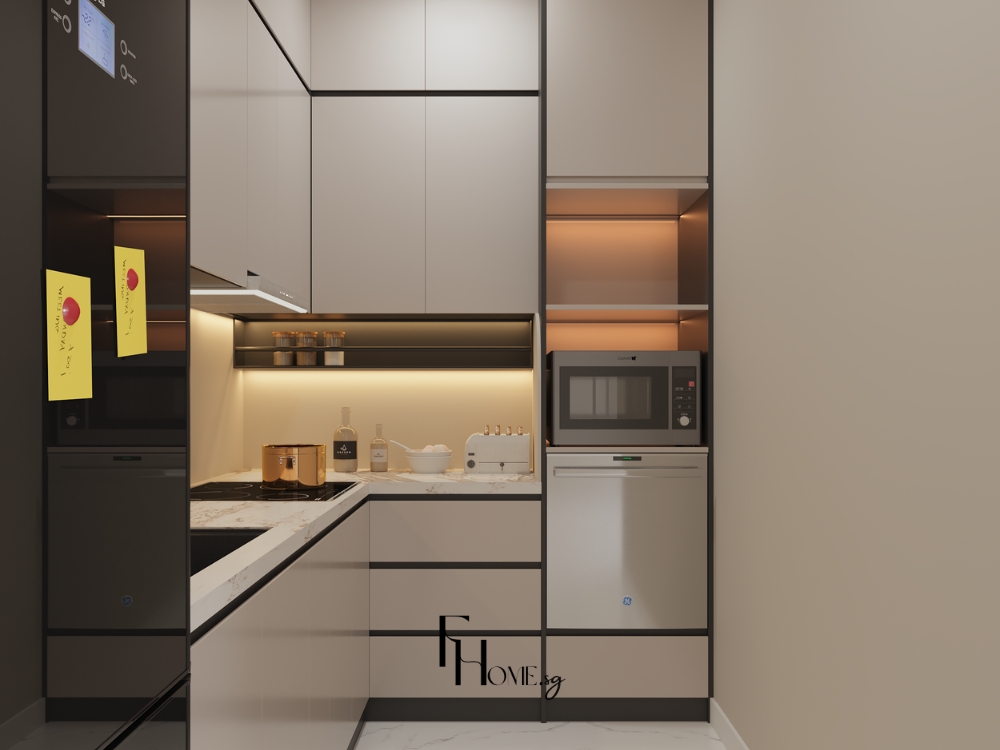 Hệ tủ bếp kich trần kết hợp thiết bị nấu nướng hiện đại