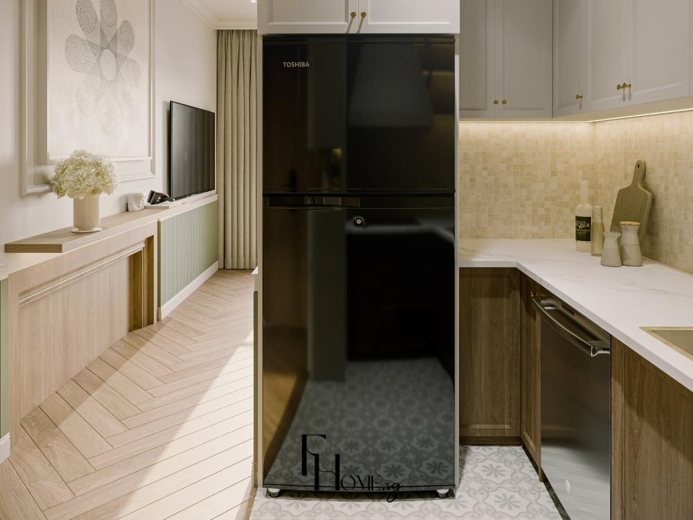 Thiết kế đồng bộ giữa tủ bếp và thiết bị thông minh tạo nên vẻ đẹp tinh tế và tối giản cho căn bếp