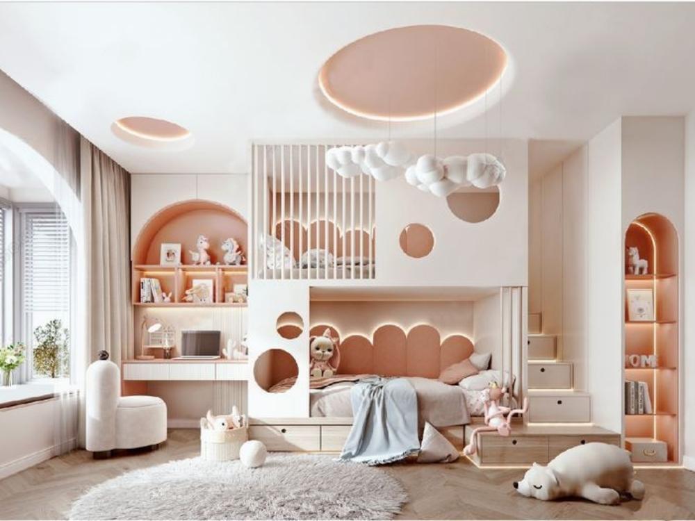 Thiết kế giường tầng tích hợp tủ quần áo và bàn học giúp tiết kiệm không gian, phù hợp phòng nhỏ