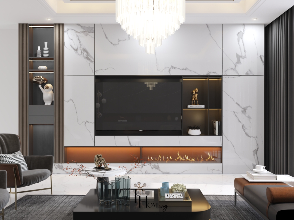 Phòng khách sang trọng với tông màu trắng chủ đạo sang trọng