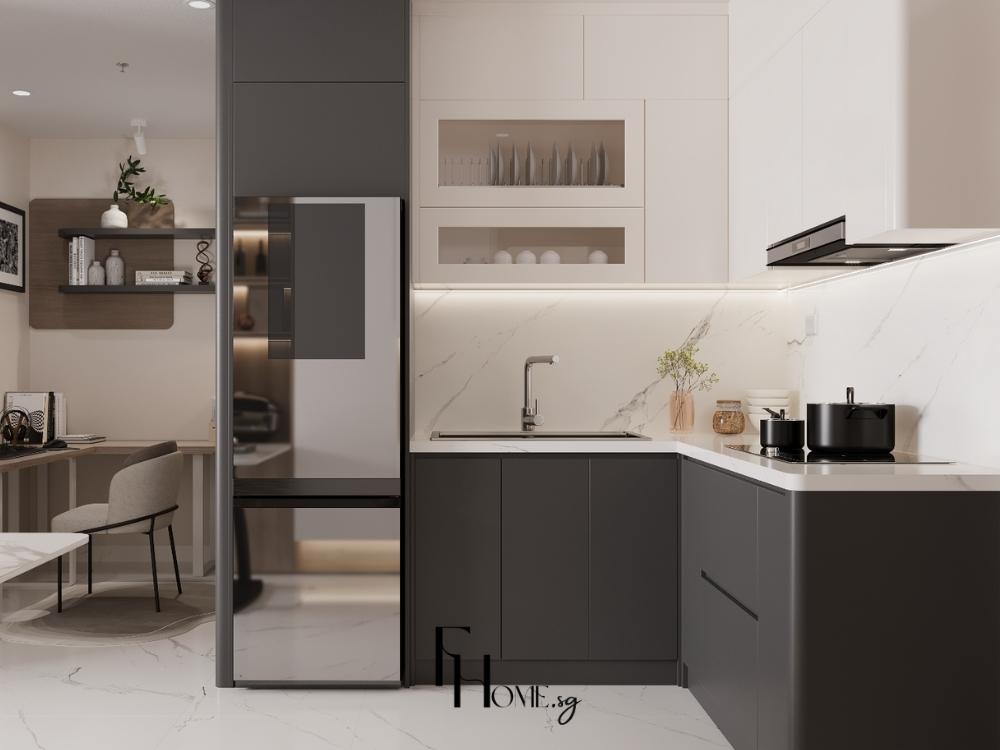 Thiết kế tủ bếp chữ L kết hợp bàn đảo giúp tăng diện tích sử dụng và tạo điểm nhấn thẩm mỹ