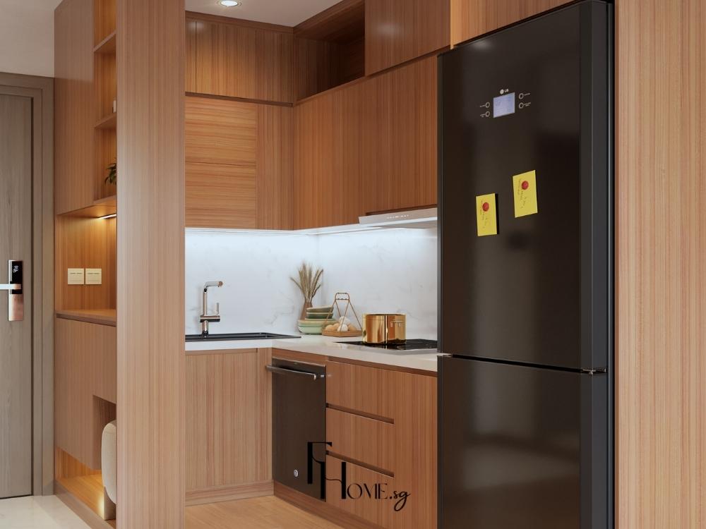 Thiết kế tủ bếp hiện đại với đèn LED cảm ứng mang đến vẻ đẹp tinh tế và tiện nghi cho không gian bếp