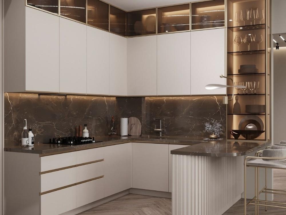 Thiết kế tủ bếp kết hợp quầy bar tạo điểm nhấn sang trọng và tăng tính tiện nghi cho không gian sống