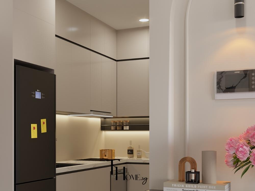 Thiết kế tủ bếp kịch trần giúp tận dụng toàn bộ chiều cao phòng, giữ không gian bếp gọn gàng và ngăn nắp