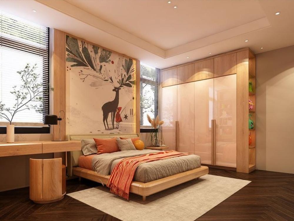 Trang trí bằng cây xanh nhỏ, tranh động vật và chất liệu mây tre đan mang đến không gian gần gũi, thân thiện môi trường