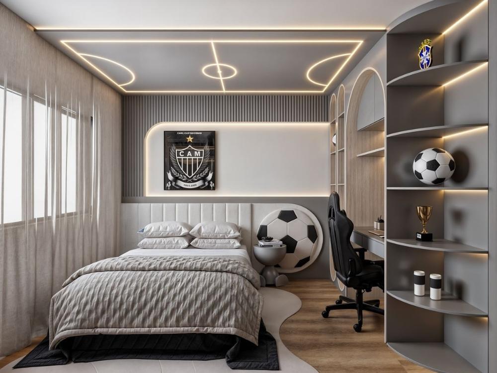 Trang trí tường bằng hình ảnh sân bóng và logo đội bóng yêu thích, mang đến không gian tràn đầy cảm hứng vận động