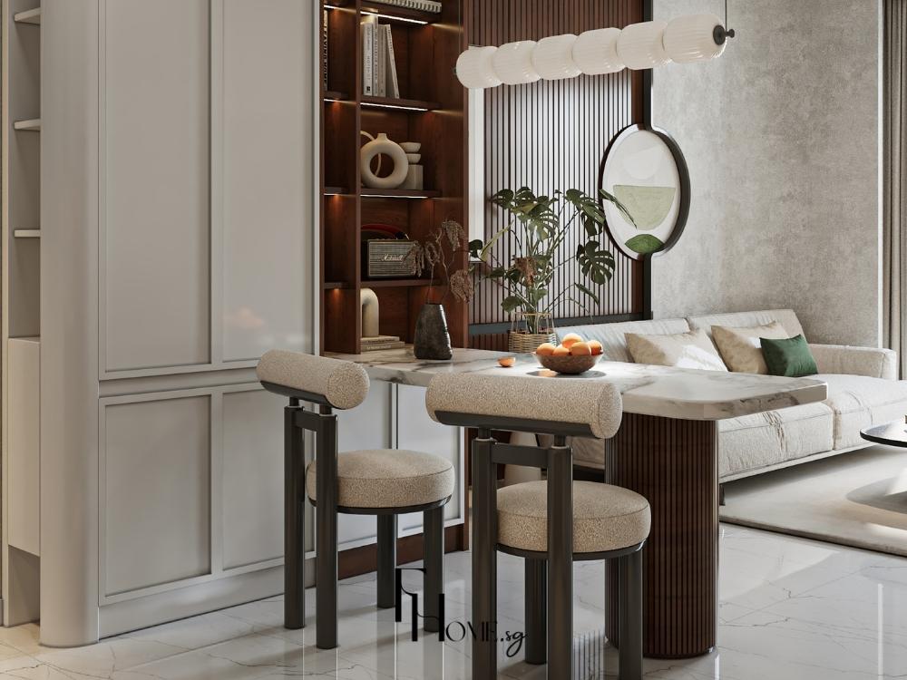 Tủ âm tường giúp lưu trữ gọn gàng, giữ không gian bếp luôn ngăn nắp và hiện đại