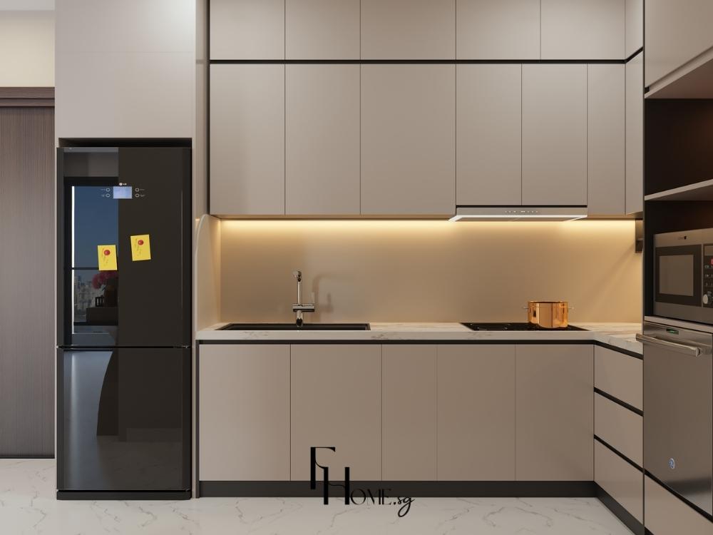 Tủ bếp chữ L linh hoạt, dễ di chuyển và kết nối hài hòa với không gian ăn uống liền kề