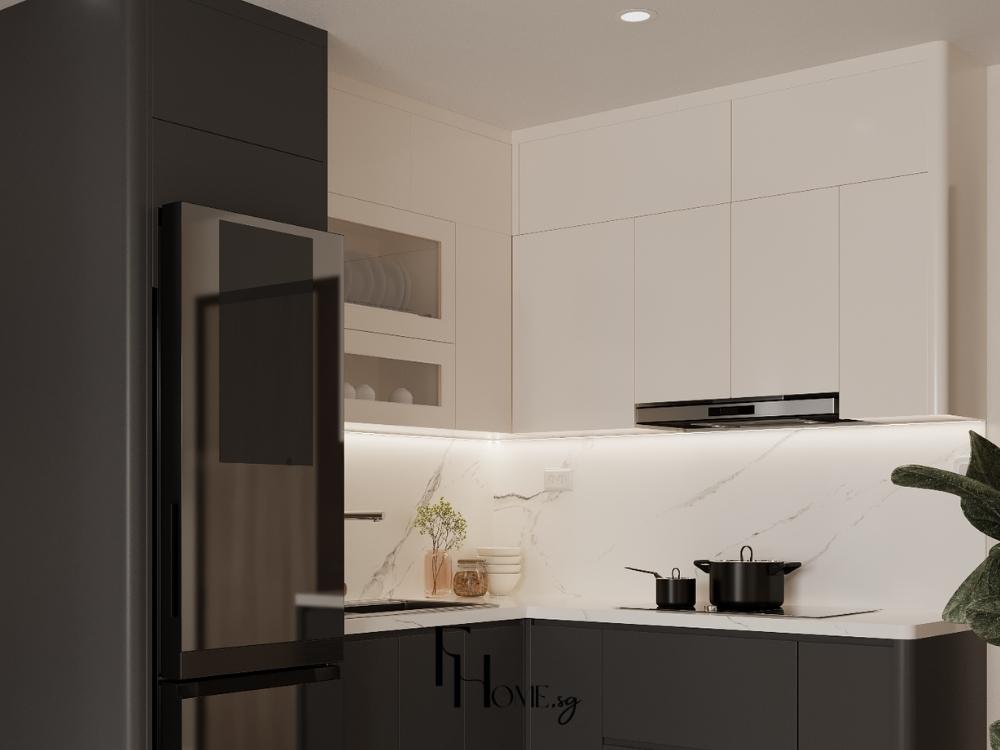 Tủ bếp kịch trần tạo hiệu ứng thị giác cao, thể hiện sự tinh tế và đẳng cấp trong thiết kế nội thất