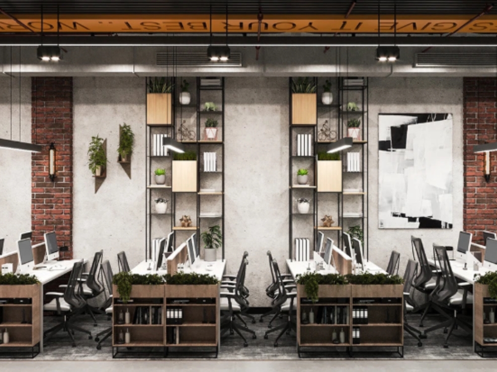 Văn phòng phong cách Industrial với tường và sàn bê tông thô mộc, mang vẻ đẹp mạnh mẽ và hiện đại