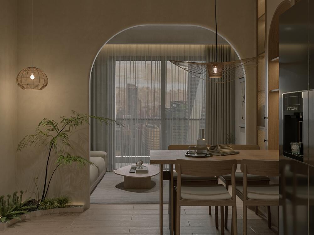 Bàn ăn giản dị liên thông với không gian mở giữ sự hài hòa giữa ánh sáng và khoảng trống