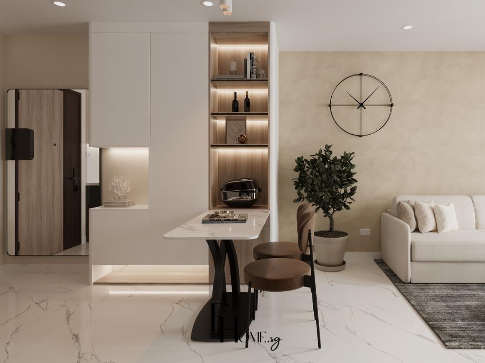 Bàn ăn hiện đại với sự kết hợp độc đáo giữa vật liệu và hình khối thể hiện tinh thần sáng tạo