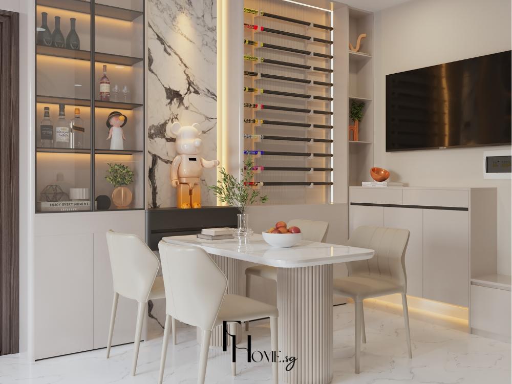 Bàn ăn hiện đại với thiết kế hình khối cơ bản và bề mặt phẳng tạo cảm giác tinh gọn tiện nghi