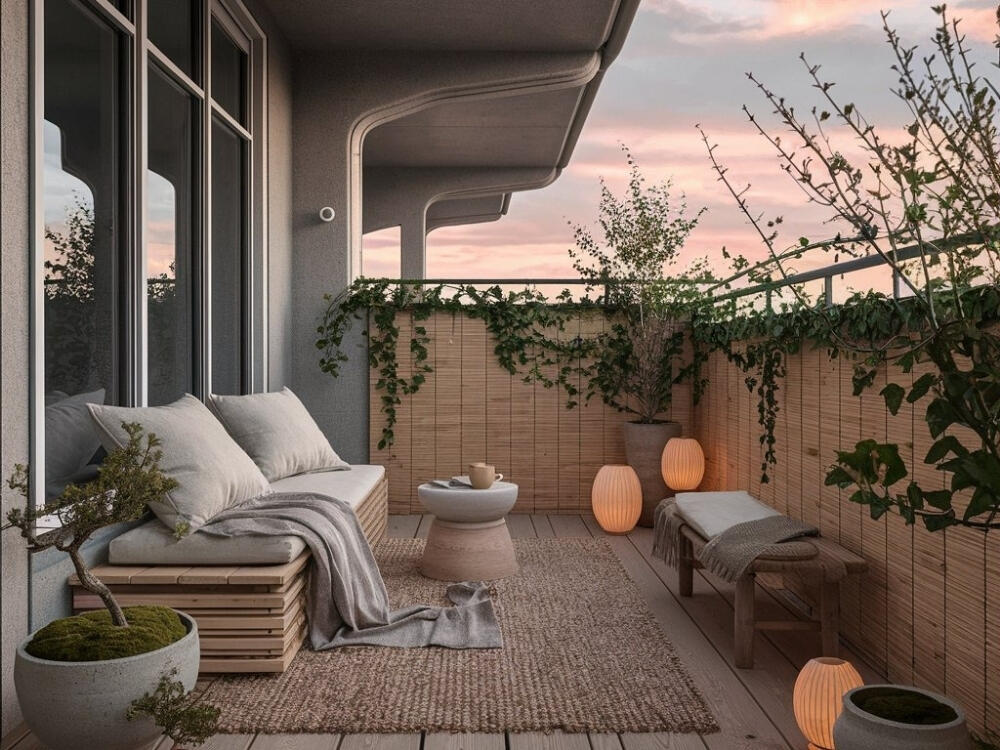 Ban công ấm áp với gỗ sồi và mây tre tạo cảm giác thư thái