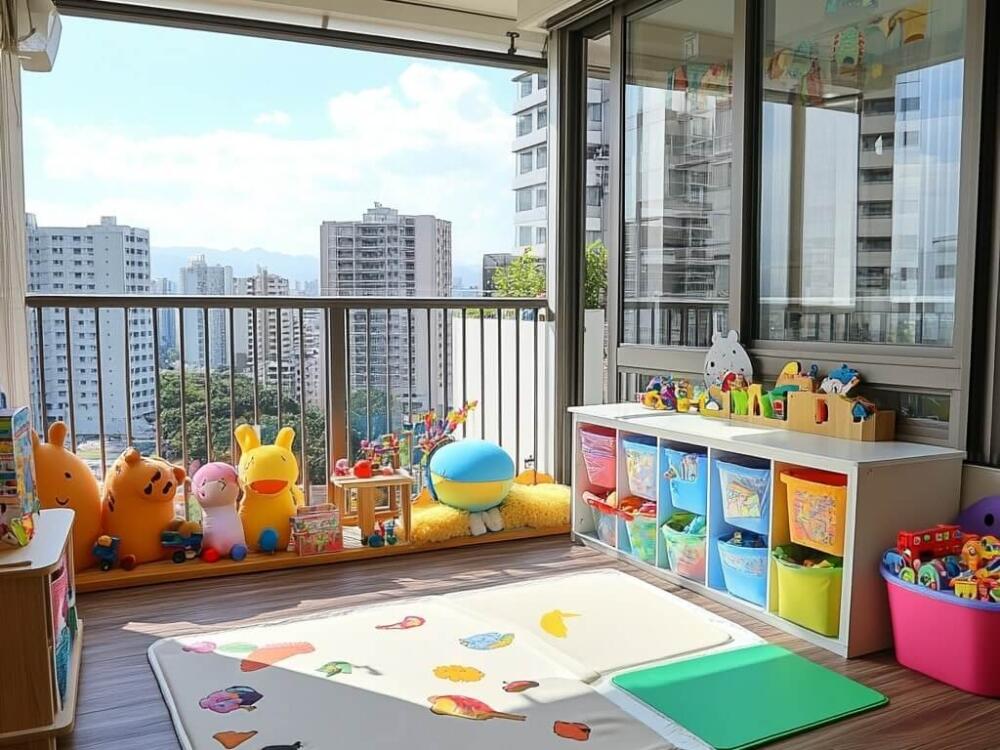 Ban công được cải tạo thành sân chơi mini giúp trẻ em vui chơi an toàn mỗi ngày