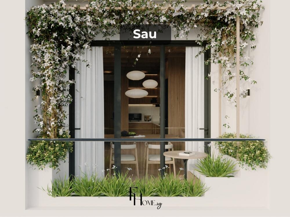 Ban công FHome.sg đã cải tạo thêm khu vườn nhỏ và bàn ghế để đọc sách