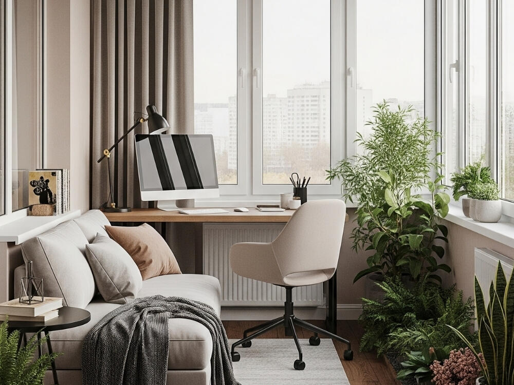 Ban công làm việc xanh mát với bàn nhỏ gọn và cây xanh thư giãn