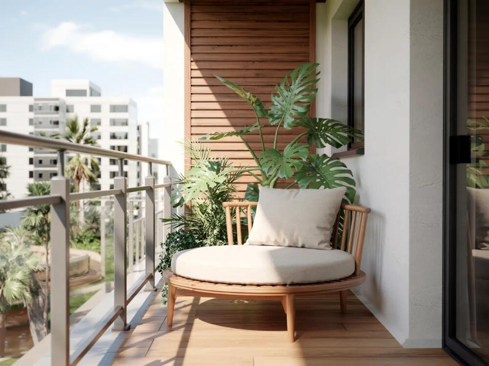 Ban công mộc mạc với gỗ và đá mang tinh thần Wabi Sabi