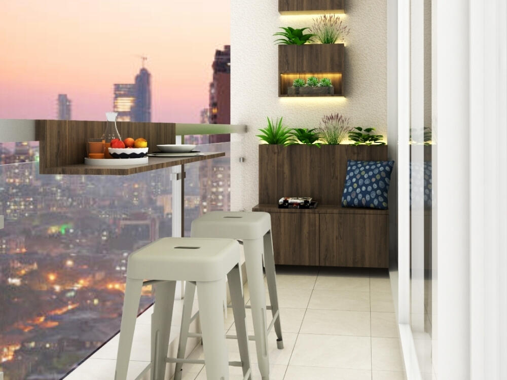 Ban công phong cách với ghế bar cao và kệ treo ly tiện dụng