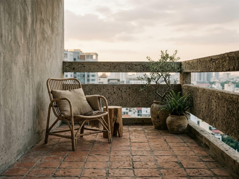 Mẫu ban công chung cư phong cách Wabi-Sabi