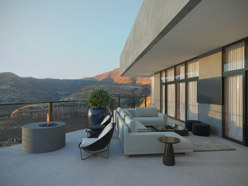 Ban công riêng tư với rèm che và vách ngăn tạo môi trường trò chuyện thoải mái