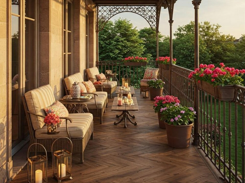 Ban công sang trọng với lan can sắt nghệ thuật và chi tiết phào chỉ nhẹ nhàng