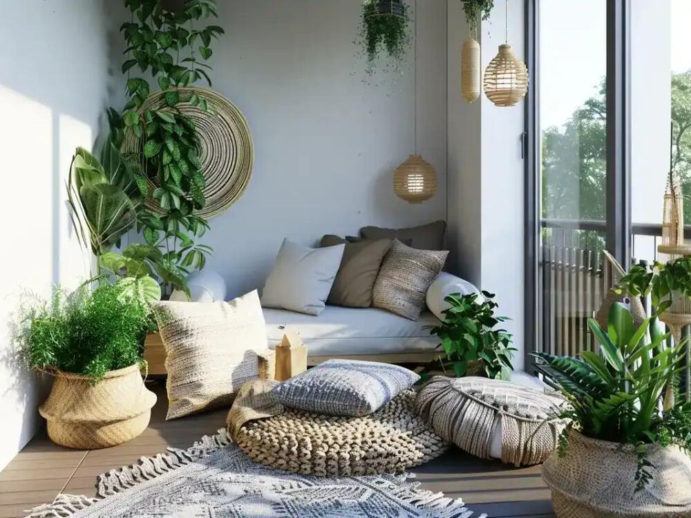 Ban công tối giản tạo không gian lý tưởng cho việc thiền định và tập yoga