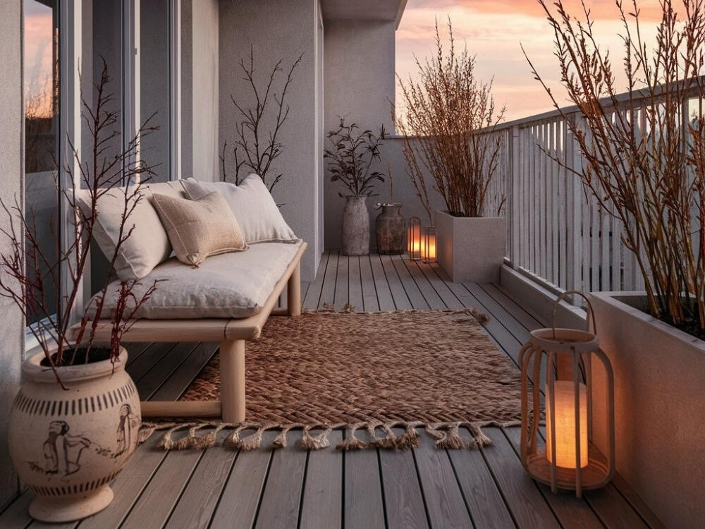 Ban công tối giản với sắc trắng be mang hơi thở Japandi