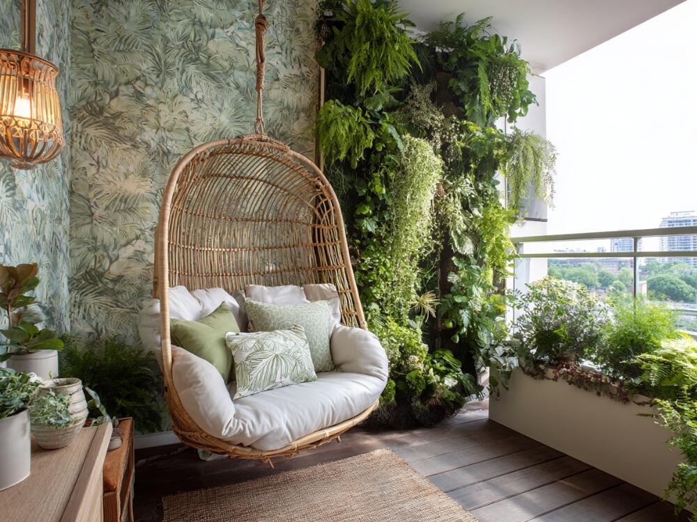 Ban công Tropical mang lại cảm giác nghỉ dưỡng với cây xanh và vật liệu tự nhiên