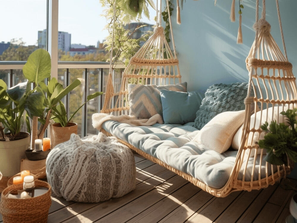 Ban công tự do cá tính với vải macrame và mây tre thủ công