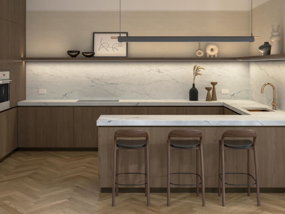 Bàn đảo bền đẹp với mặt đá quartz chống xước chống thấm hiệu quả