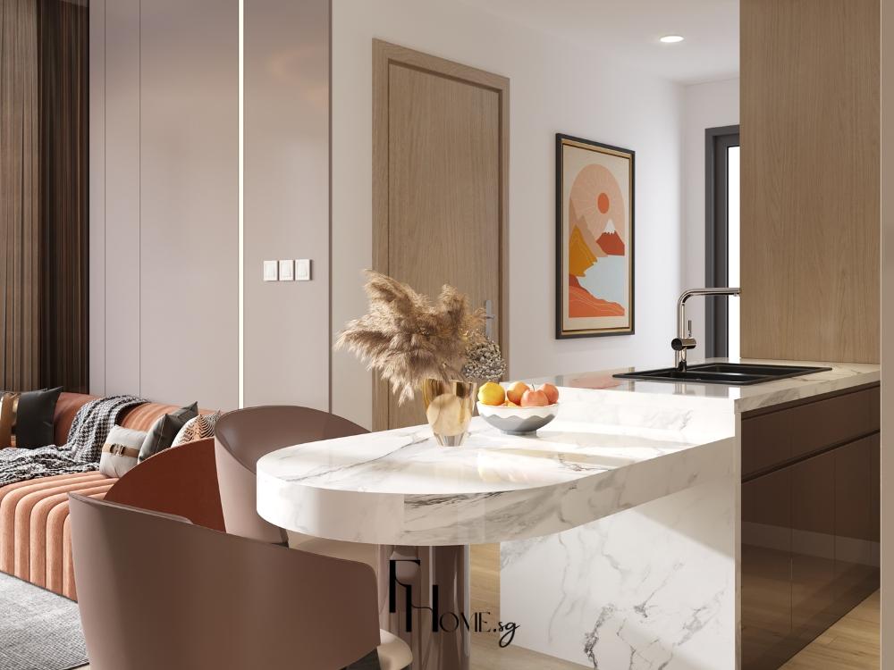 Bàn đảo hiện đại với bề mặt trơn nhấn mạnh vào hình khối đơn giản và đường nét tinh tế