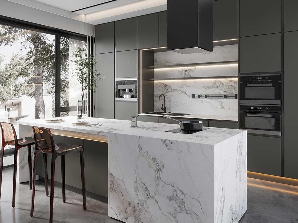 Bàn đảo hiện đại với đá tràn cạnh mang vẻ đẹp vững chãi tinh tế