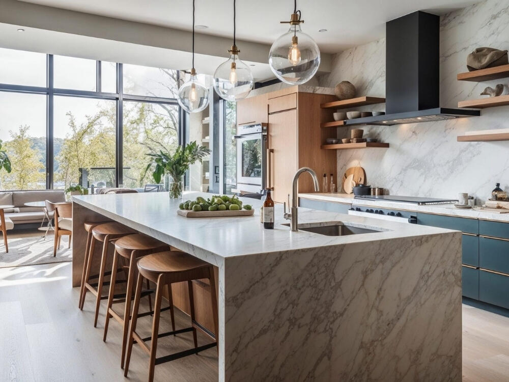 Bàn đảo mặt đá waterfall trở thành điểm nhấn như một khối điêu khắc