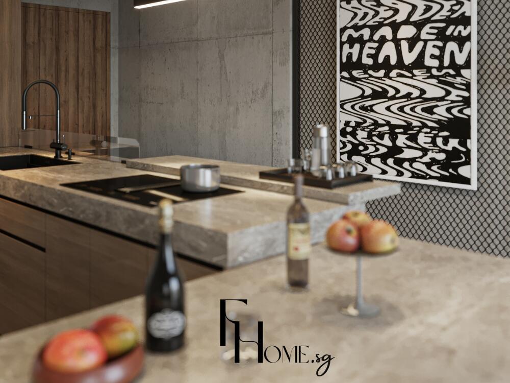 Bàn đảo với đường cong hữu cơ làm dịu bề mặt bê tông thô mang lại sự hài hòa thị giác