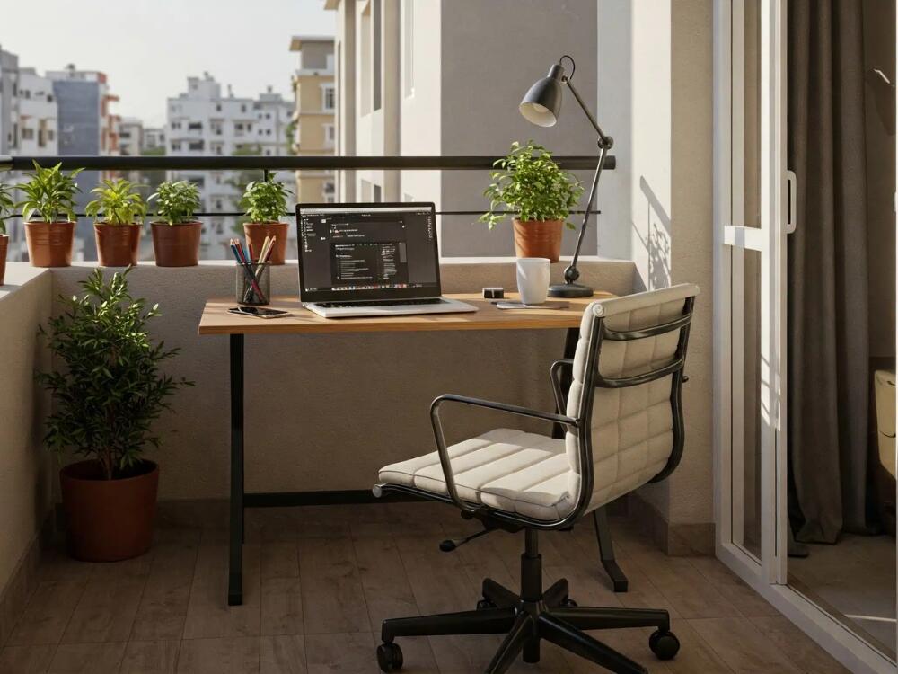 Bàn gấp và kệ sách nhỏ giúp tối ưu diện tích cho không gian làm việc ngoài trời