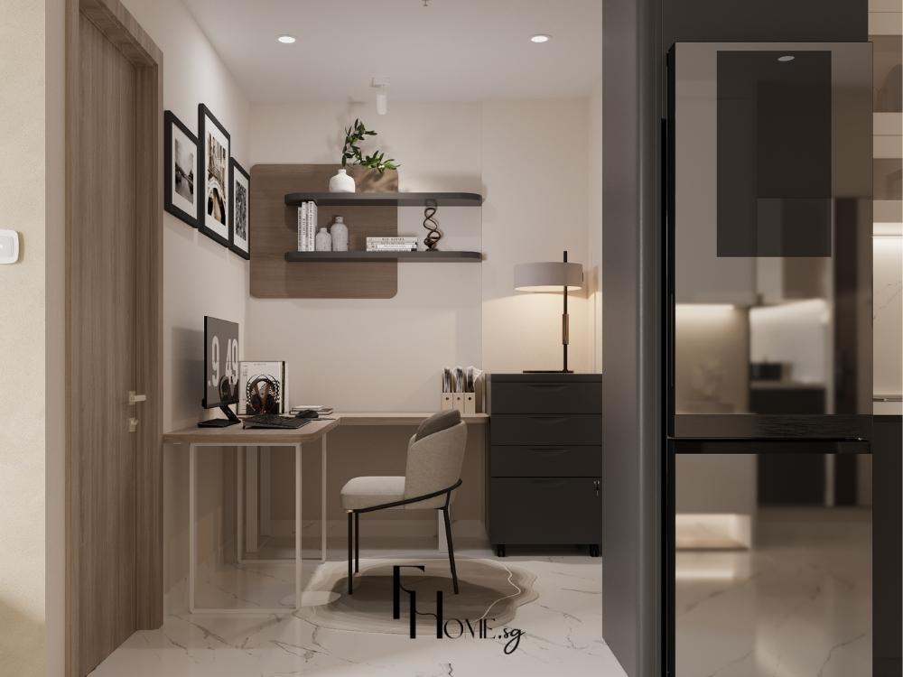 Bàn làm việc hiện đại bố trí trong không gian mở tạo sự kết nối linh hoạt và thoáng đãng