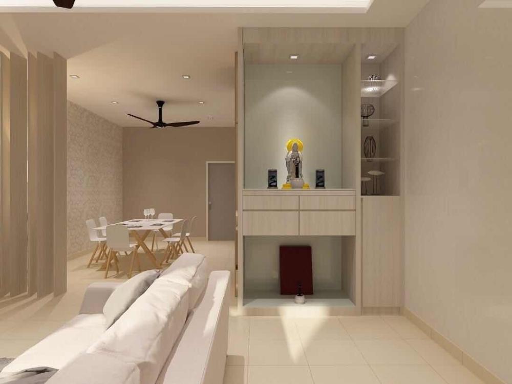 Bàn thờ có màu gỗ tự nhiên hài hòa với tổng thể nội thất, mang lại cảm giác ấm cúng