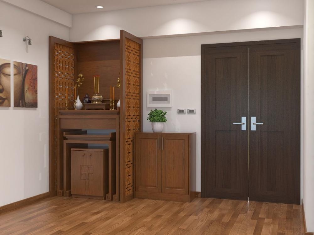 Bàn thờ đứng được thiết kế theo thước Lỗ Ban, đảm bảo chuẩn phong thủy và tỷ lệ hài hòa