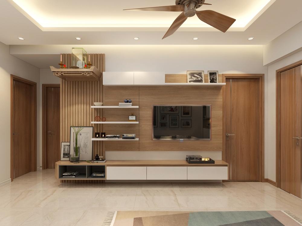 Bàn thờ treo tường giúp tiết kiệm diện tích, giữ không gian phòng khách thông thoáng và hiện đại