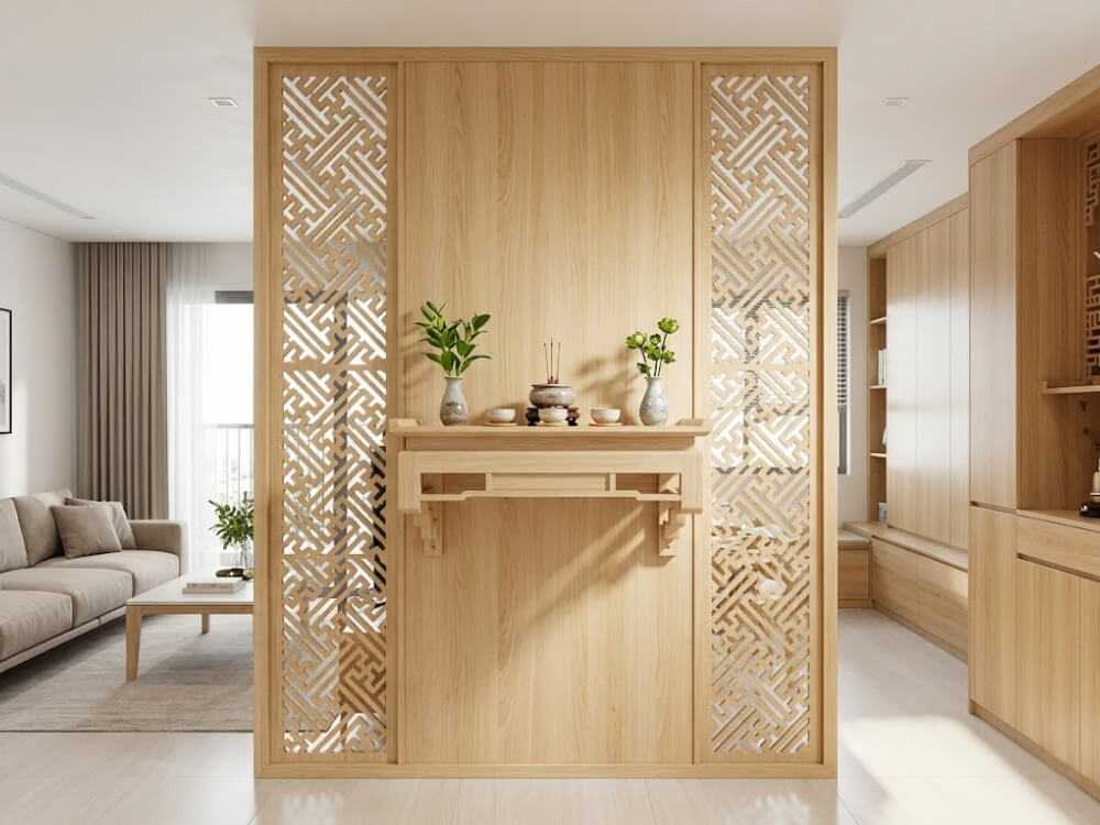 Phối cảnh 3D FHome Sài Gòn - bàn thờ treo tường tích hợp vách CNC, phòng khách chung cư 65m²