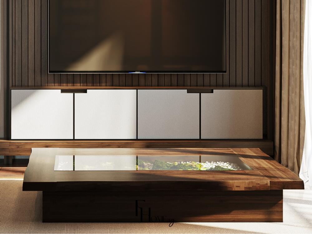 Bàn trà thấp cùng đệm ngồi Zabuton tạo không gian thiền định thư giãn và tĩnh tại