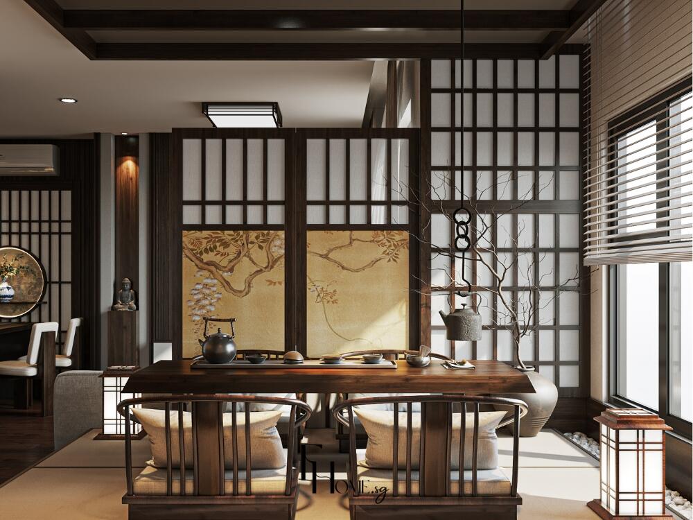 Bàn trà tối giản với màu gỗ nhạt và ánh sáng dịu thể hiện tinh thần thanh tịnh Zen