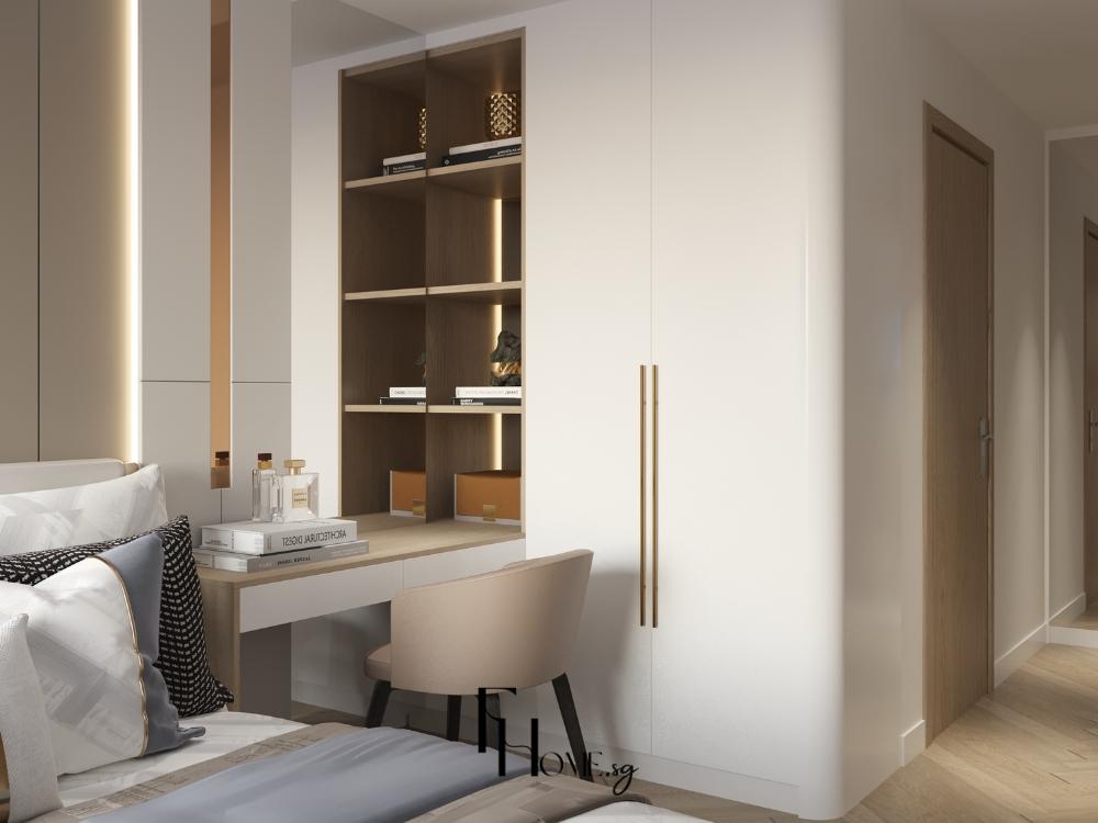 Bàn trang điểm tích hợp lưu trữ thông minh giữ cho không gian gọn gàng và thẩm mỹ