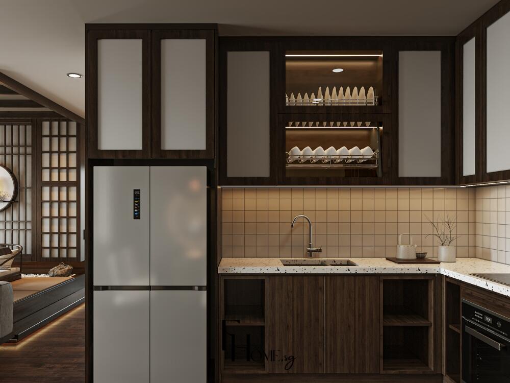 Bếp Japandi tối giản ngăn nắp với thiết kế lưu trữ thông minh và thẩm mỹ cao